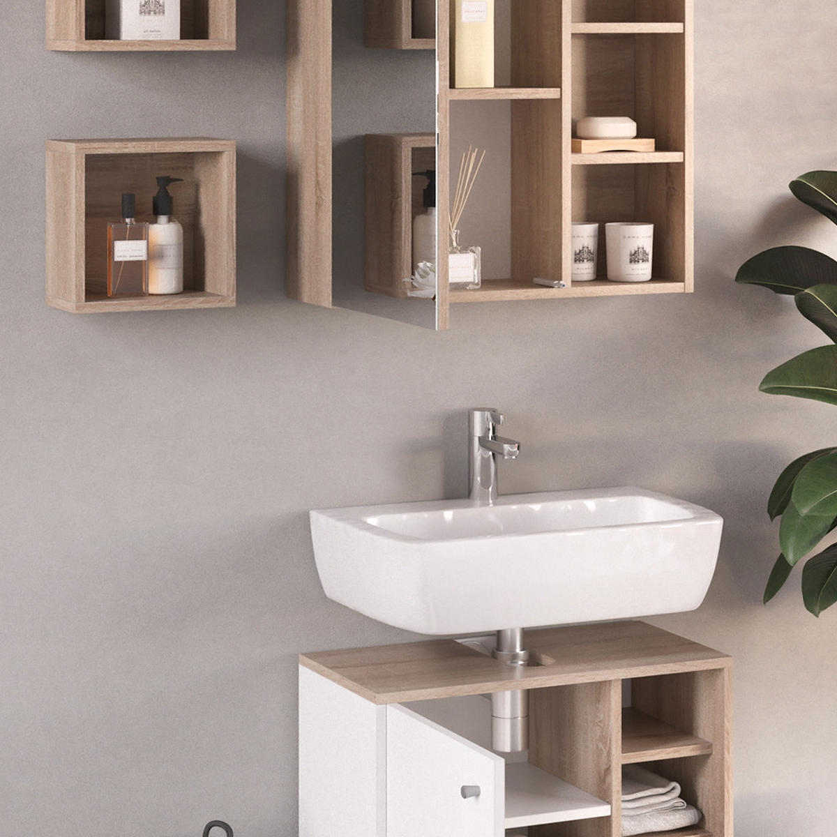 BADMÖBEL-SET Senyo Weiß 3 Teile - Weiß/Sonoma Eiche, Holzwerkstoff (62/54/32cm) - Vicco