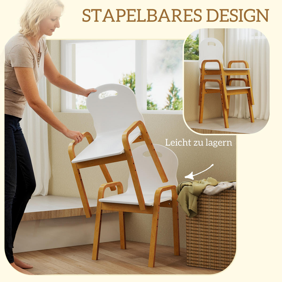 KINDERSTUHL aus Holz Höhenverstellbar mit Armlehne 2er Set - Birkefarben/Weiß, Holz/Birkenholz (34/61.5/39cm) - AIYAPLAY