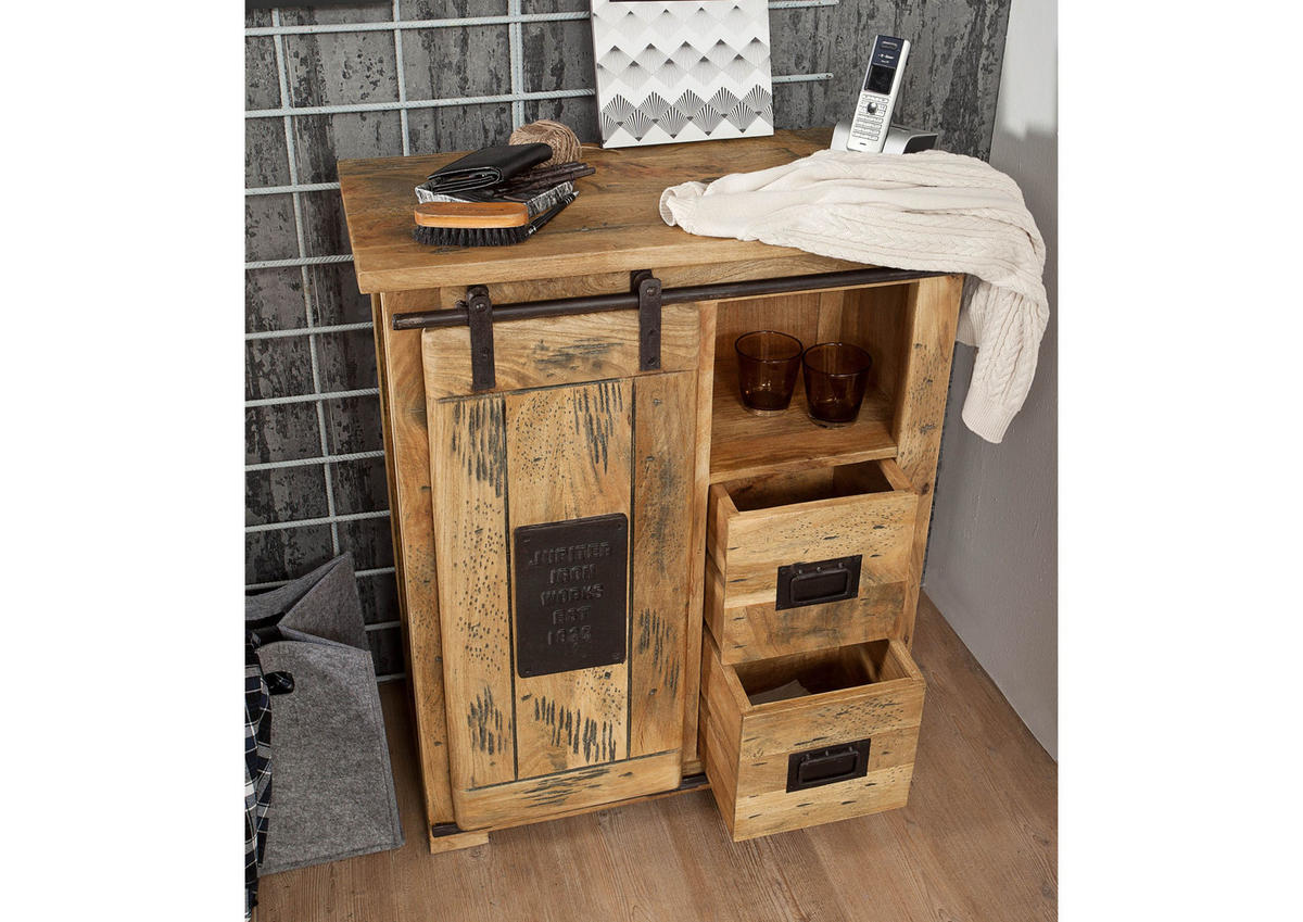 KOMMODE Mango 75x36x90 natur lackiert Eisen RAILWAY #153 - Naturfarben, Holz (75/90/36cm) - Massivmoebel24