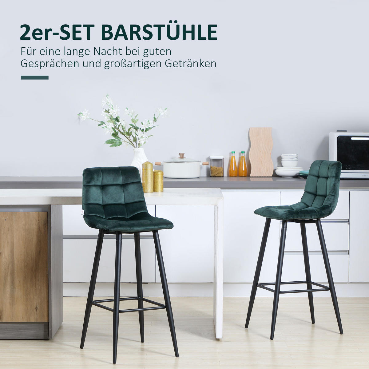 2ER-SET Barhocker, Bistrohocker mit Fußstütze, Barstuhl, Samt-Bezug, Küchenstuhl - Grün, Textil (47/105/42cm) - HOMCOM