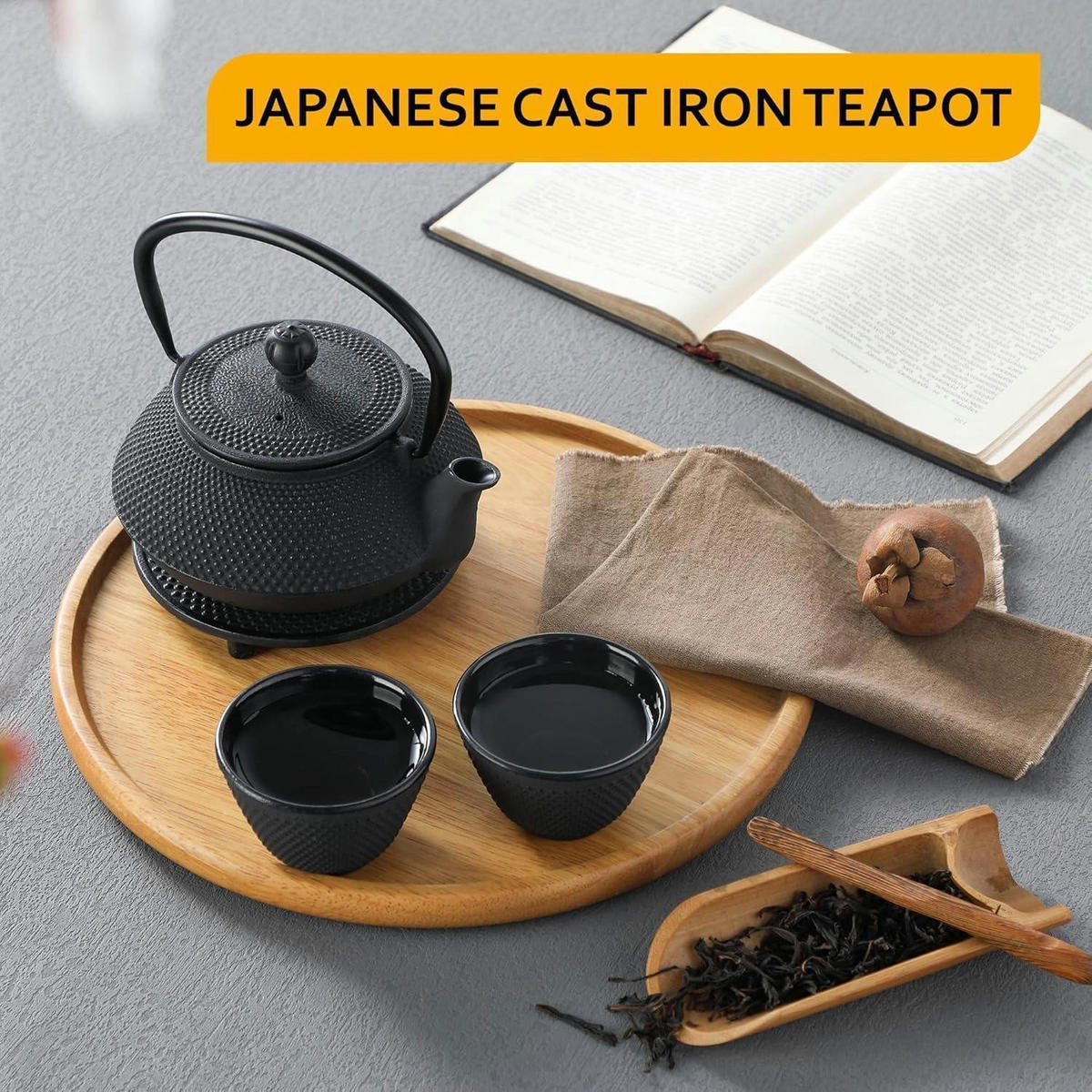 TEEKANNE mit Sieb 680ML Gusseisen Japanisch 3-teiliges Set - Schwarz, Metall (18/8cm)
