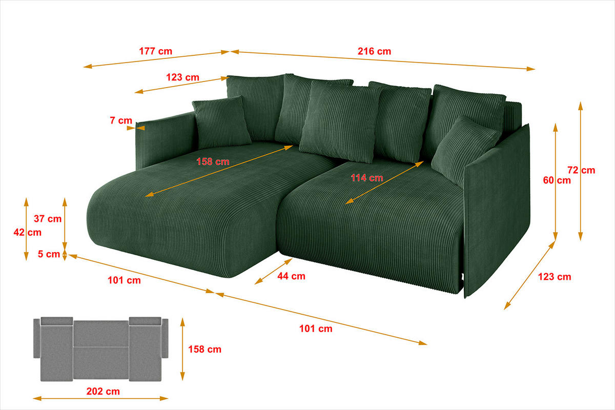 ECKSOFA mit Schlaffunktion und Bettkasten ONESK-L 216x177x72 Grün Cord - Grün, Holzwerkstoff/Kunststoff (216/177cm) - ALTDECOR