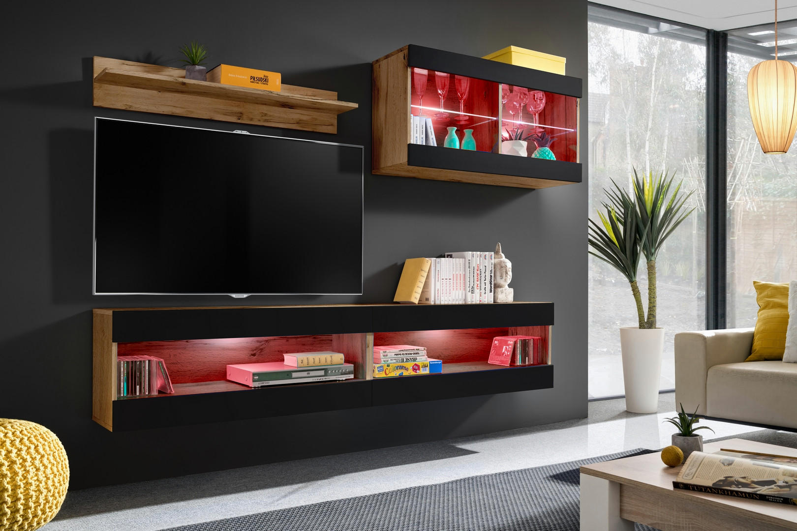 WOHNWAND 4-er Set, TIVOLI SET6 mit mehrfarbige LED RGB Beleuchtung Wotan + Schwarz, Offener Raum - Eiche Wotan/Schwarz, Glas/Holzwerkstoff (240/195/35cm) - Komodee