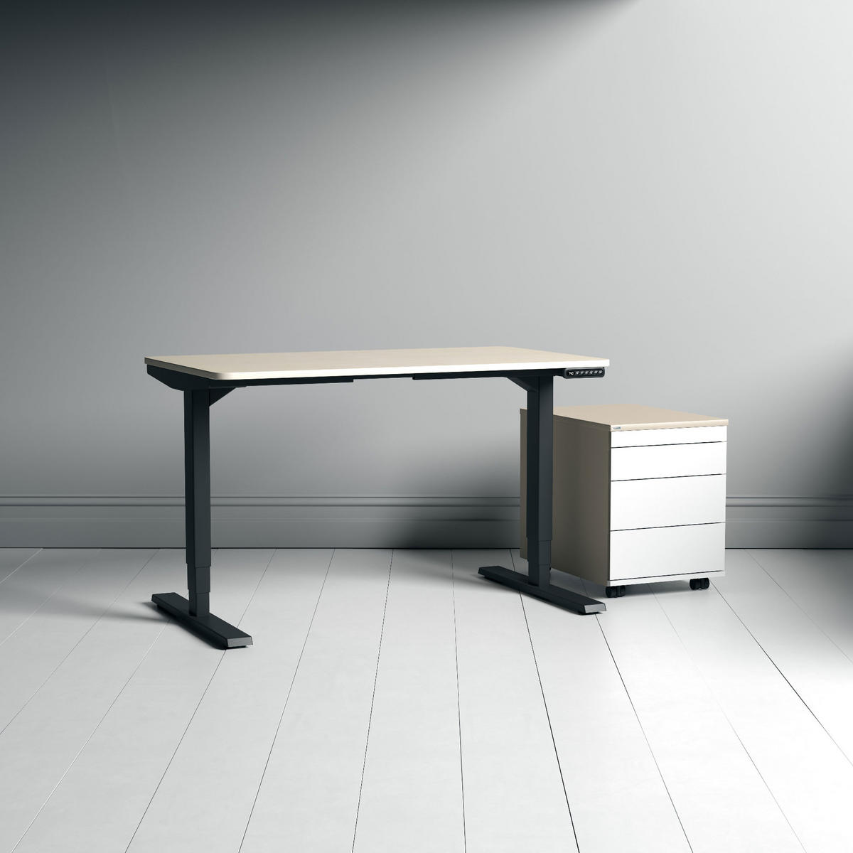 SCHREIBTISCH Elektrisch höhenverstellbarer Schreibtisch Y-Line Curved Sand Schwarz 140/70/62-127cm - Sandfarben/Schwarz, Holzwerkstoff/Metall (70/140/127cm) - ASSMANN