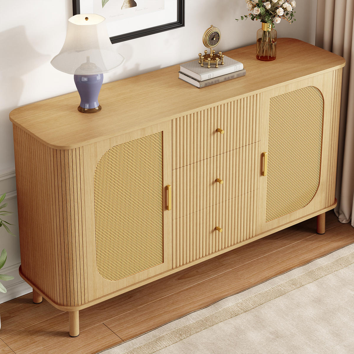 SIDEBOARD in Natur mit Rattan-Türen und gewellten Schubladen, MDF, Metallbeine mit Holzmaserung, 140/40/80 cm,Naturfarben - Naturfarben, Holzwerkstoff (140/80/40cm) - Redom