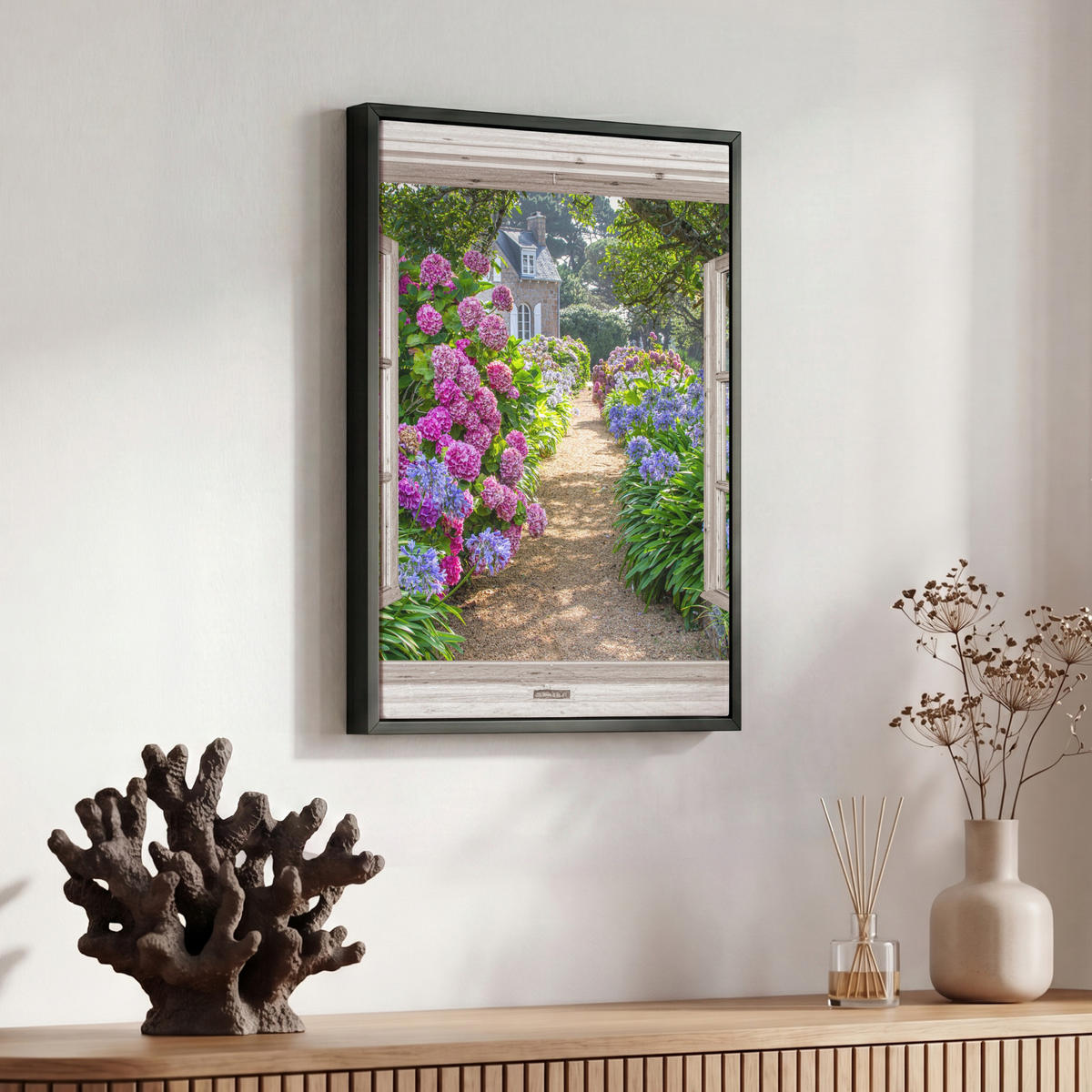 LEINWAND Bilder mit Rahmen - Hortensie - Durchsichtig - Blumen - Sommer - Lila - Weg - 30x40 - Lila, Textil (30/40cm) - MuchoWow