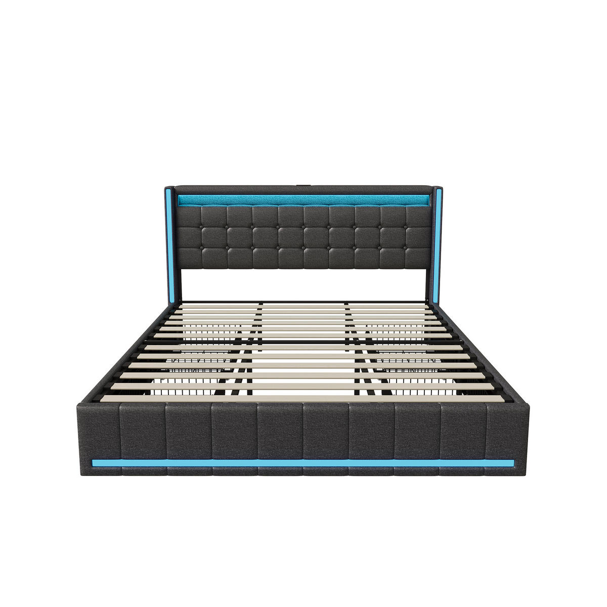 POLSTERBETT 180/200 cm Grau, mit 4 Schubladen, LED und Ladefunktion - Dunkelgrau, Holz/Metall (180/200cm) - Joyfair