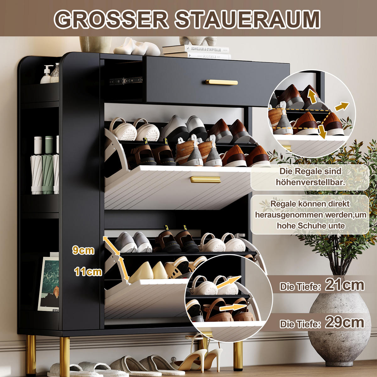 SCHUHSCHRANK aus MDF & Spanplatte 80x24x105cm in Schwarz mit 2 Klappen - Schwarz, Holzwerkstoff (80/105/24cm) - Modfu