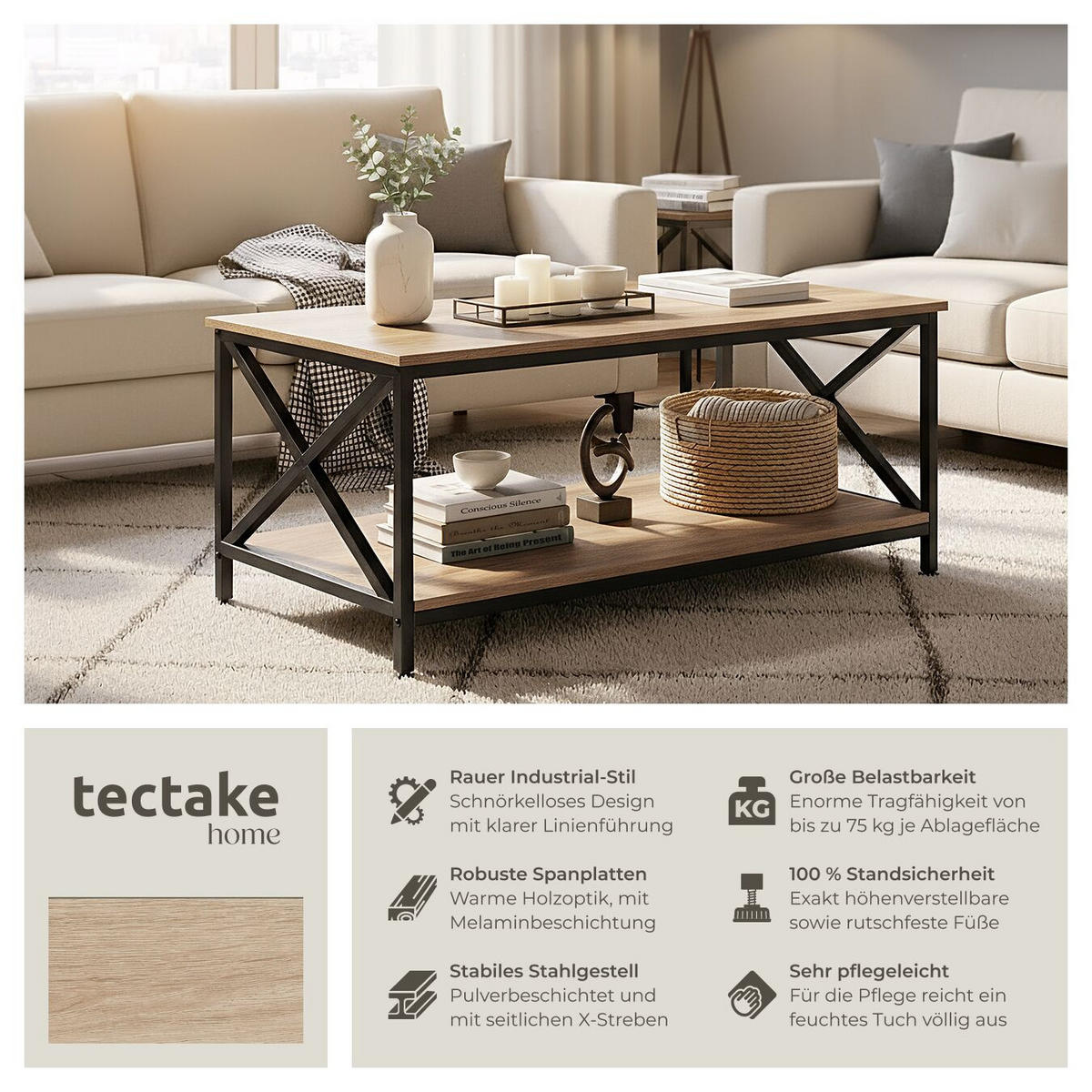 COUCHTISCH Pittsburgh,100 x 55 x 45,5 cm,Industrial Holz hell, Eiche Sonoma - Naturfarben, Holzwerkstoff (100/55/45.5cm) - tectake