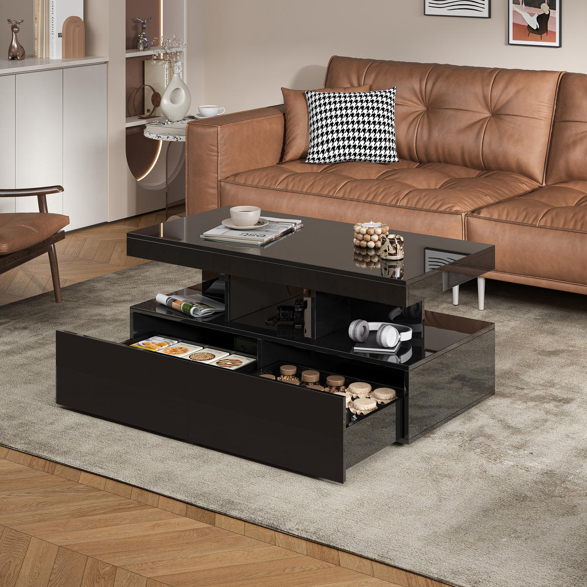 COUCHTISCH 2 Schubladen LED Stauraum modern schwarz - Schwarz, Holz (53/104/46cm) - LEBENLANG