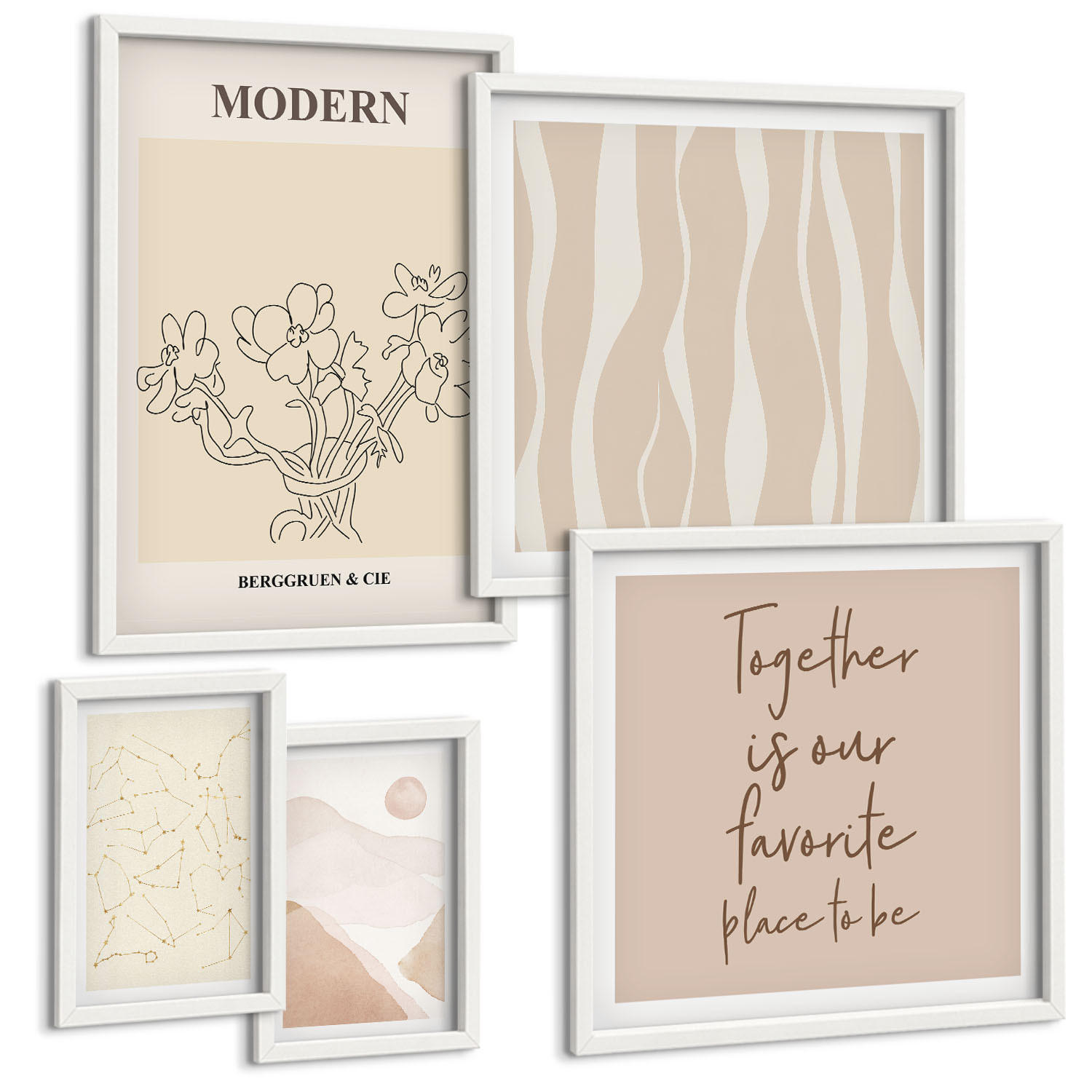 BILDER SET 5er Set - 50x50 cm & 20x30 cm & 40x60 cm Weißer Rahmen - Abstrakte Formen und Farben - Weiß, Kunststoff (40/60cm) - TULUP
