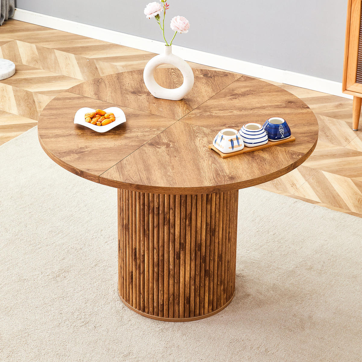 ESSTISCH Rund 100/100/76 cm Holzfarben aus MDF mit Stauraum zylindrisches Tischbein - Naturfarben, Holzwerkstoff (100/100/76cm) - OKWISH