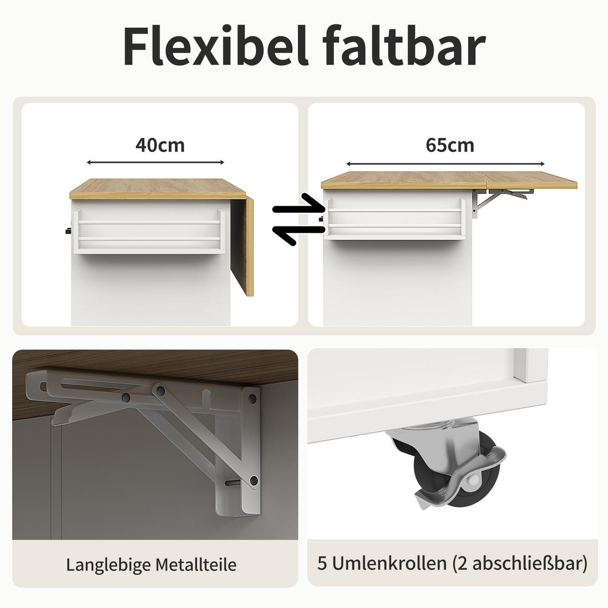 KÜCHENINSEL mit Rollen 104/39,5/91,5 cm Weiß mit Klappplatte, 3 Schubladen und 2 Türen - Weiß, Holz/Holzwerkstoff (104/91.5/39.5cm) - Oxeza