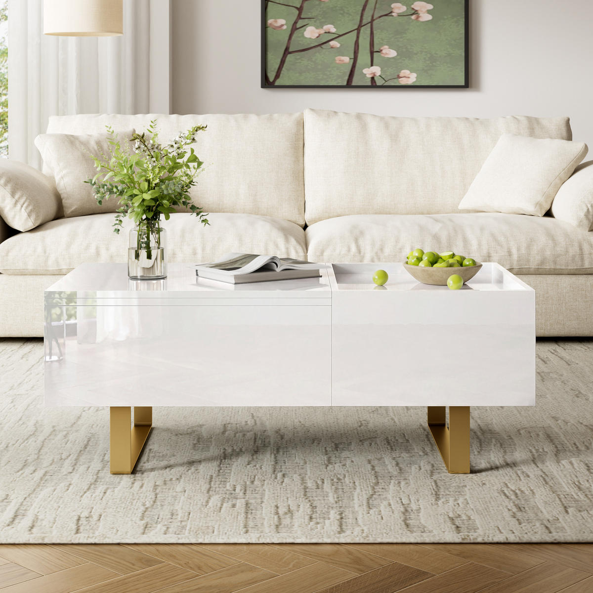 COUCHTISCH Höhenverstellbar Hochglanz mit Schublade und Stauraum - Weiß, Holzwerkstoff (100/50/54.5cm) - Korfee