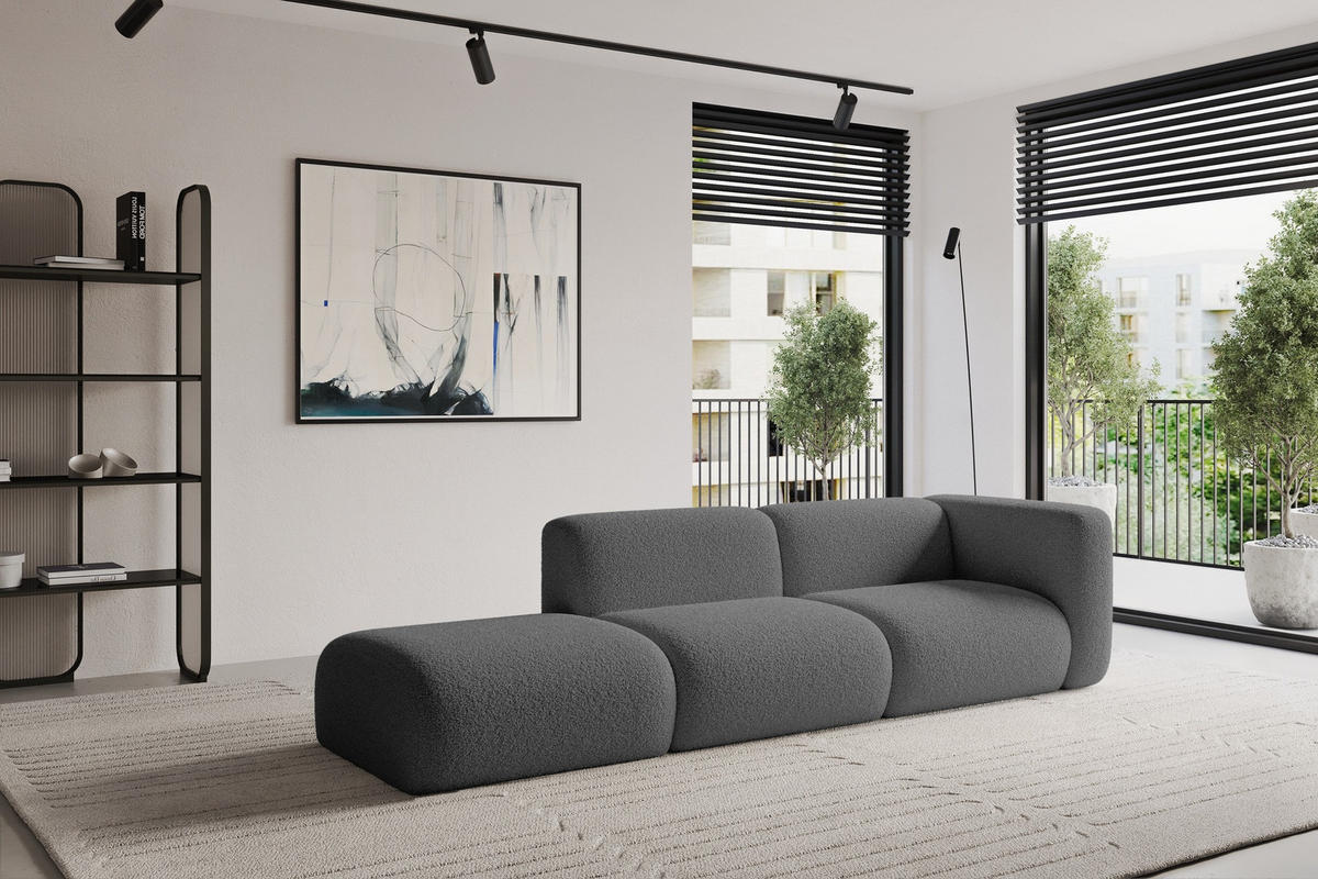SOFA Ottomane Rechts MIRA-S3 296x89x70 Grau Bouclé - Platinfarben/Schwarz, Holzwerkstoff/Kunststoff (296/70/89cm) - ALTDECOR