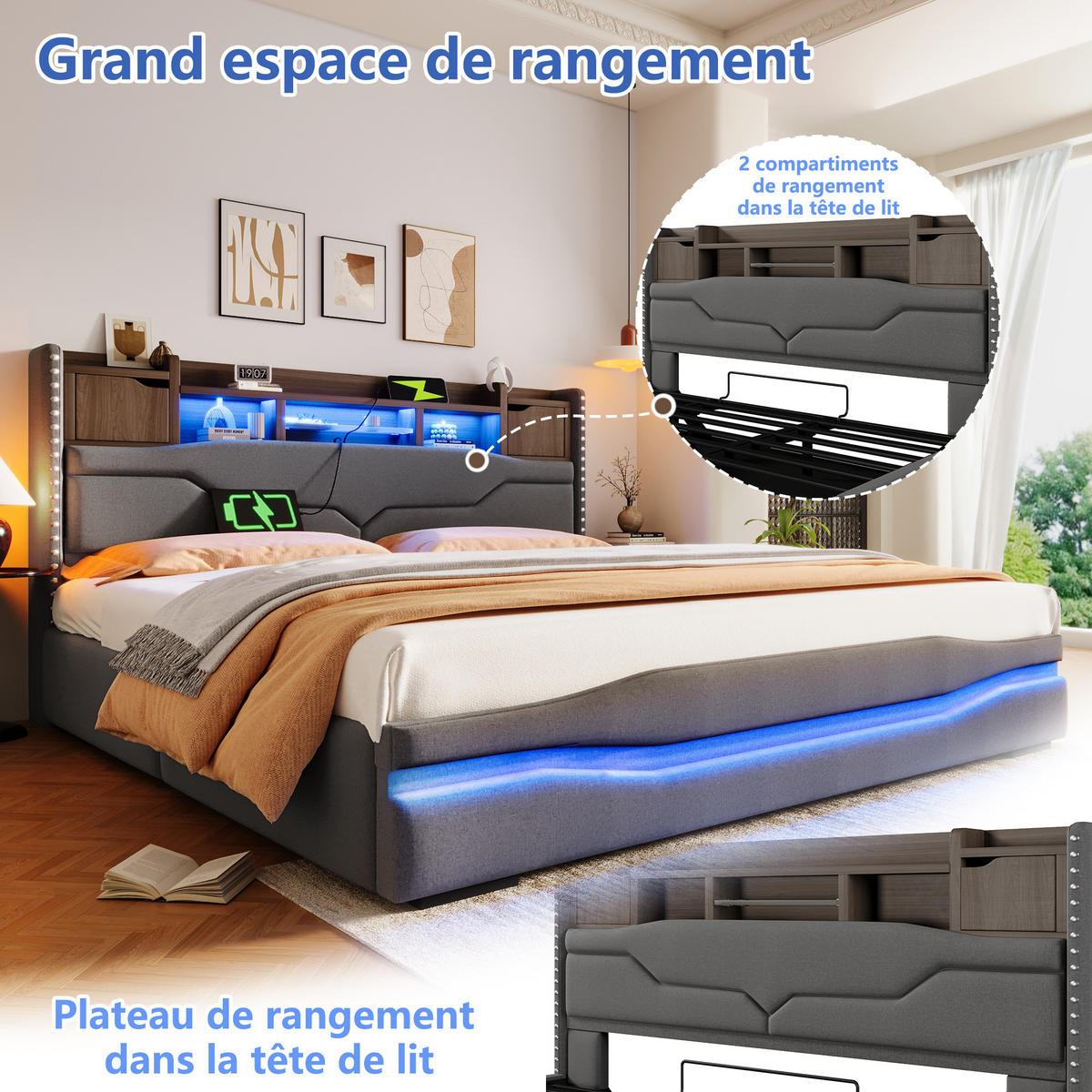 POLSTERBETT 180x200 cm LED USB grau - Grau, Textil (180/200cm) - LEBENLANG