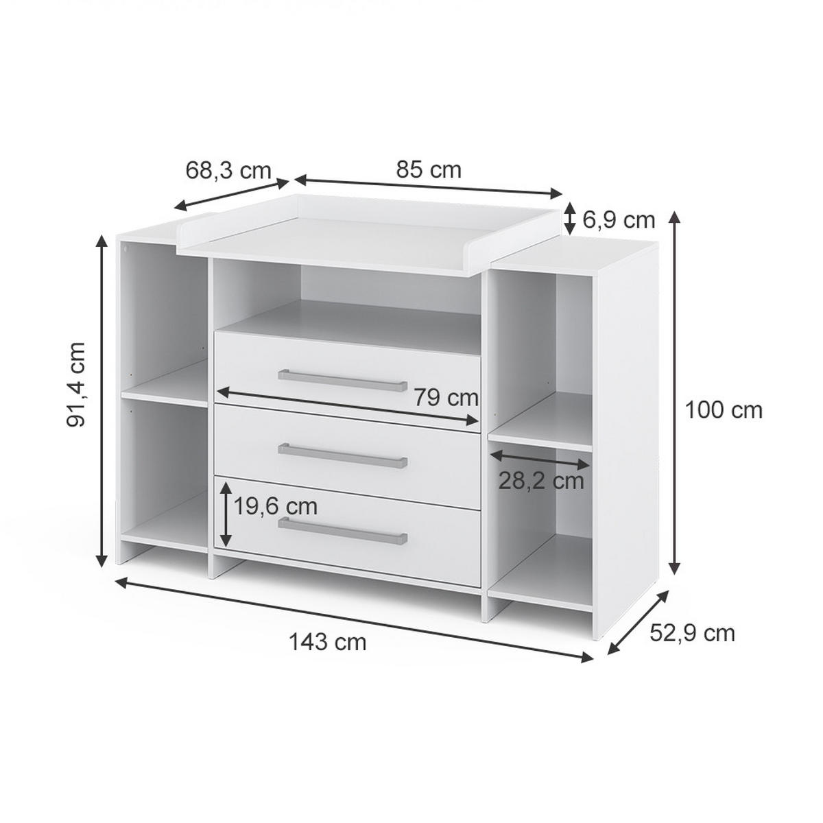 WICKELKOMMODE Oskar Weiß 143 x 100 cm XL mit Schubladen - Weiß, Holzwerkstoff (143/100/70cm) - Vicco