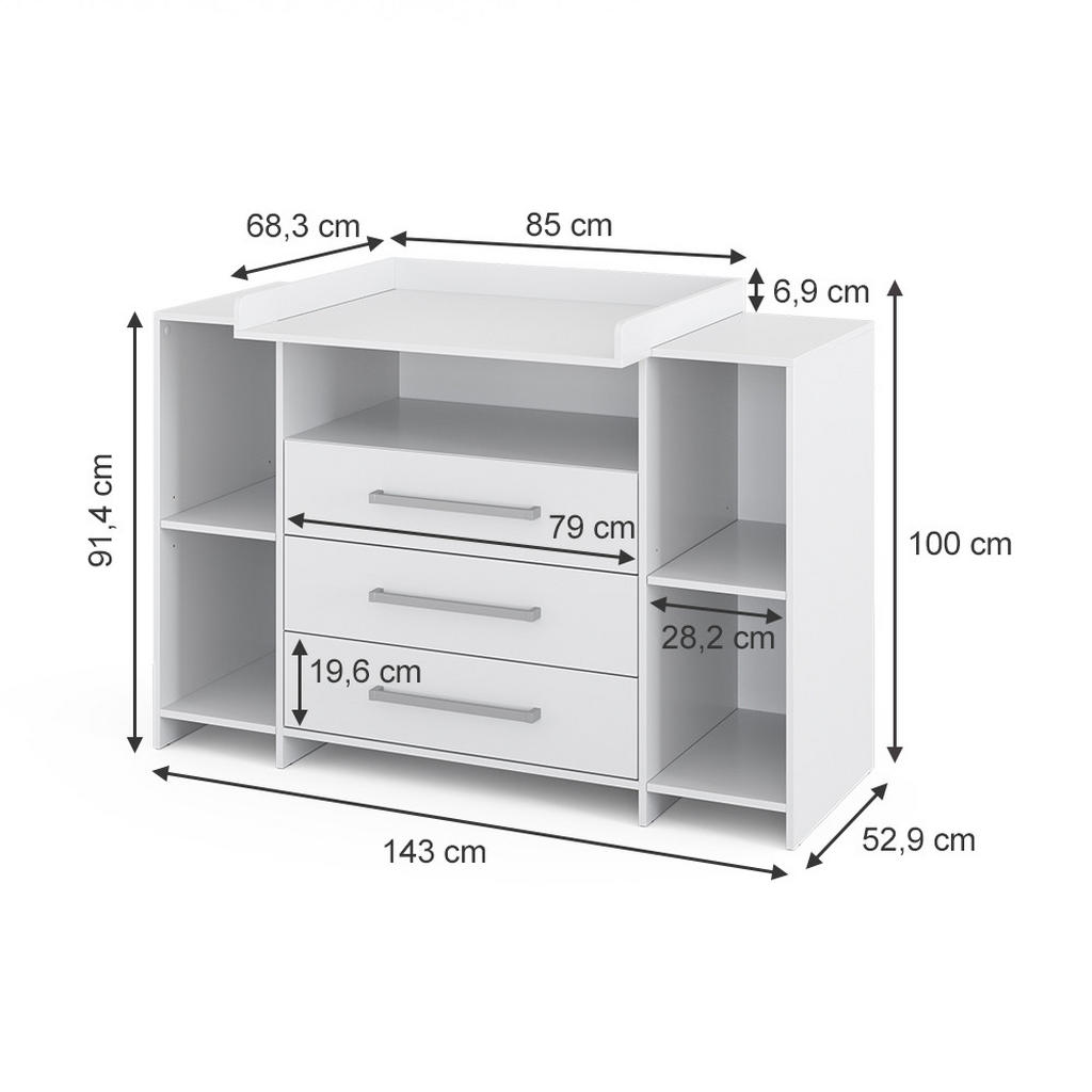 Thumbnail - Vicco Wickelkommode, Weiß, Holzwerkstoff, 8 Fächer, 3 Schubladen, Rechteckig, 143x100x70 cm, Babymöbel, Wickelkommoden &...