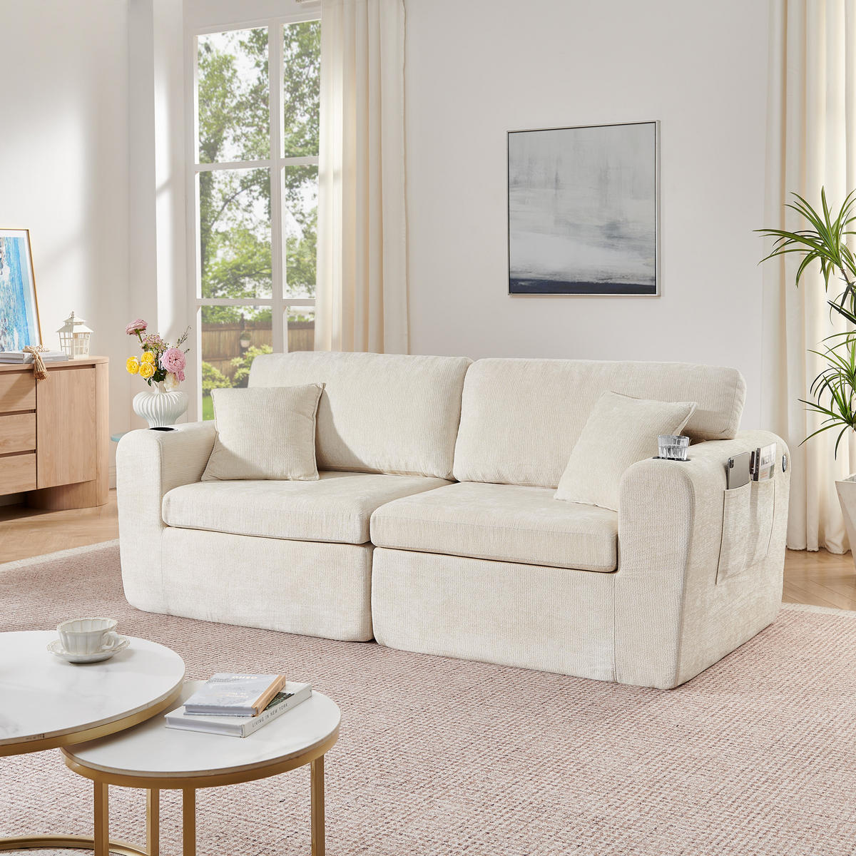 2-SITZER SOFA Chenille Beige mit USB, Kissen, Getränkehalter und Tasche - Beige, Textil (220/89/100cm) - WISHDOR