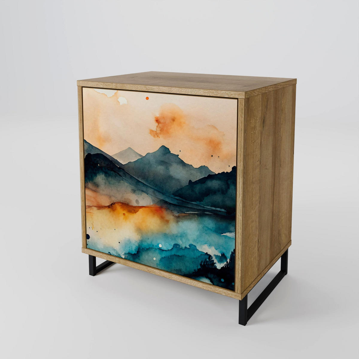SIDEBOARD OMINOUS MOUNTAINS, Eichefarben, 57,5x42x72,5 cm, Schwarze Metallfüße - Eichefarben/Multicolor, Holzwerkstoff/Metall (57.5/72.5/42cm) - SpaceRebels