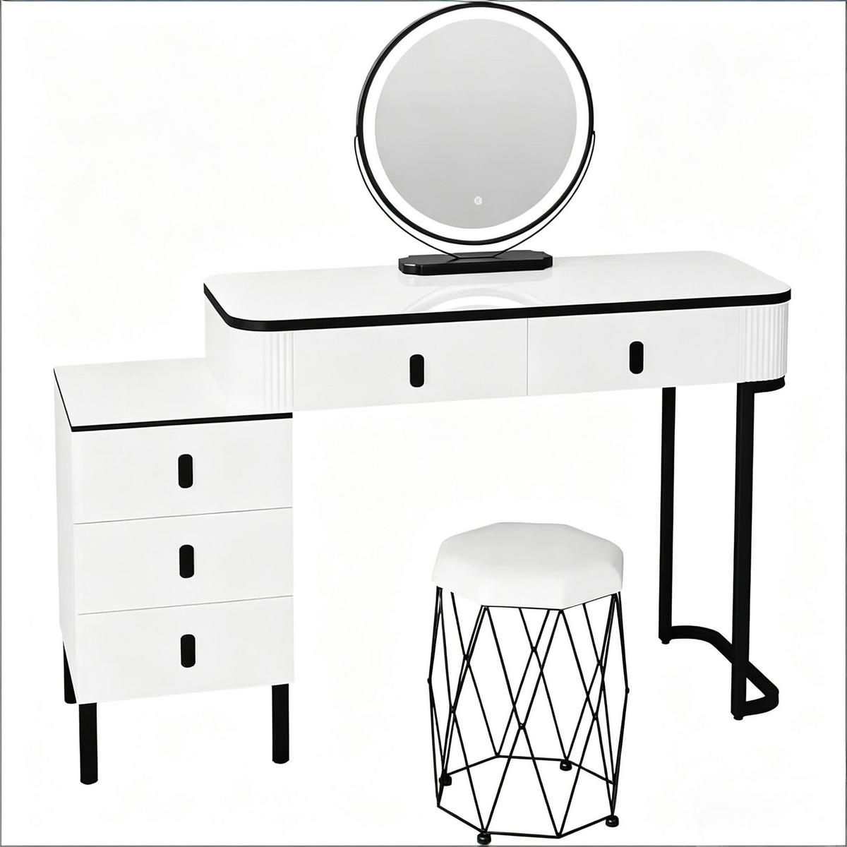 SCHMINKTISCH mit verstellbarem runden LED-Spiegel / 5 Schubladen / gepolstertem Hocker - Schwarz, Glas (125/100/40cm) - Vallsero