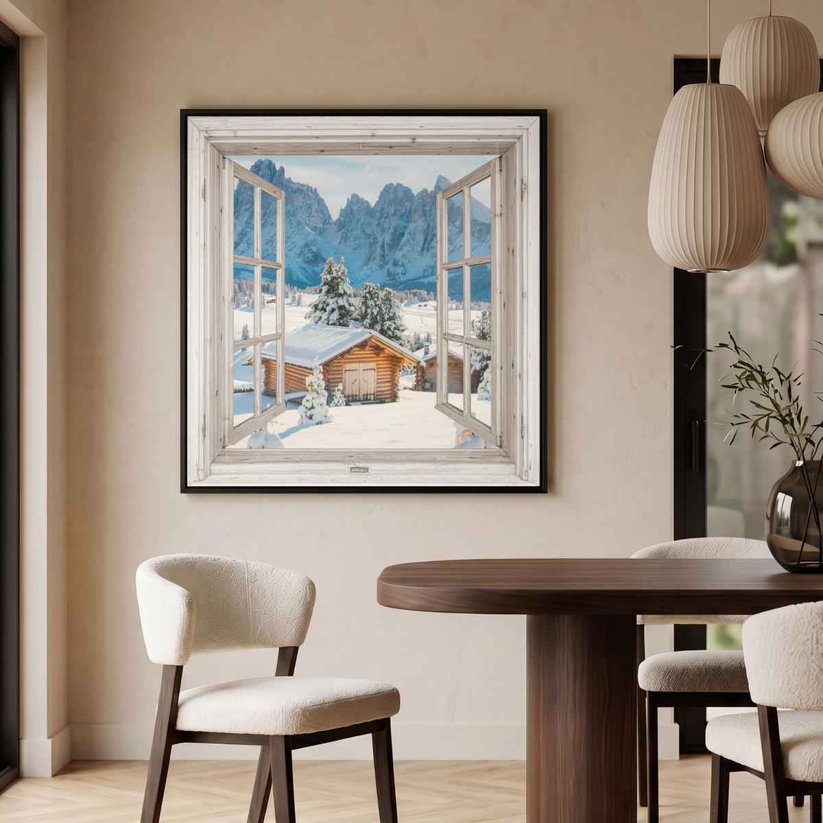 LEINWAND Bilder mit Rahmen - Winterlandschaft - Hütte - Berge - Ausblicke - Aussicht - Natur - 90x90 - Weiß Hochglanz, Textil (90/90cm) - MuchoWow