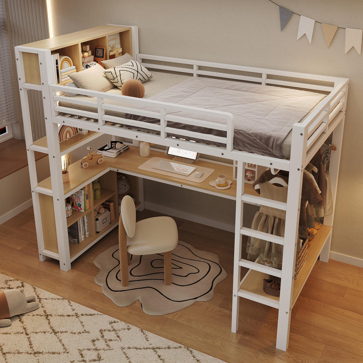 HOCHBETT 90/200 cm Weiß, mit Tisch, Kleiderständer, Regalen und Staufächern - Weiß, Metall