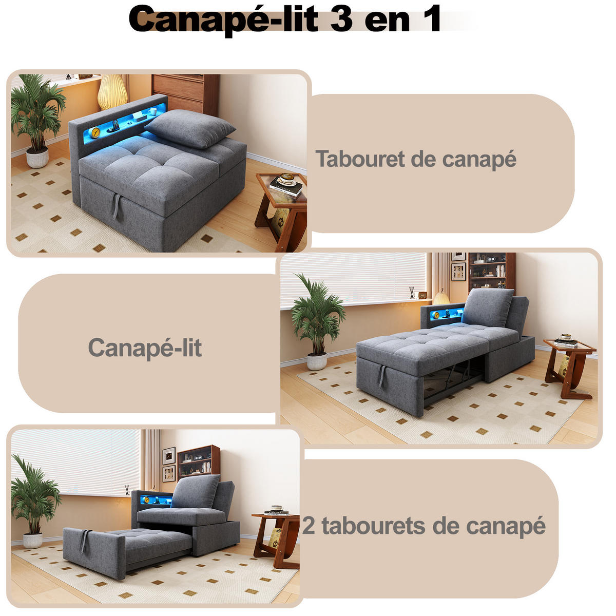 SCHLAFSOFA 3in1 LED USB Leinen - Hellgrau, Textil (177/65/68cm)