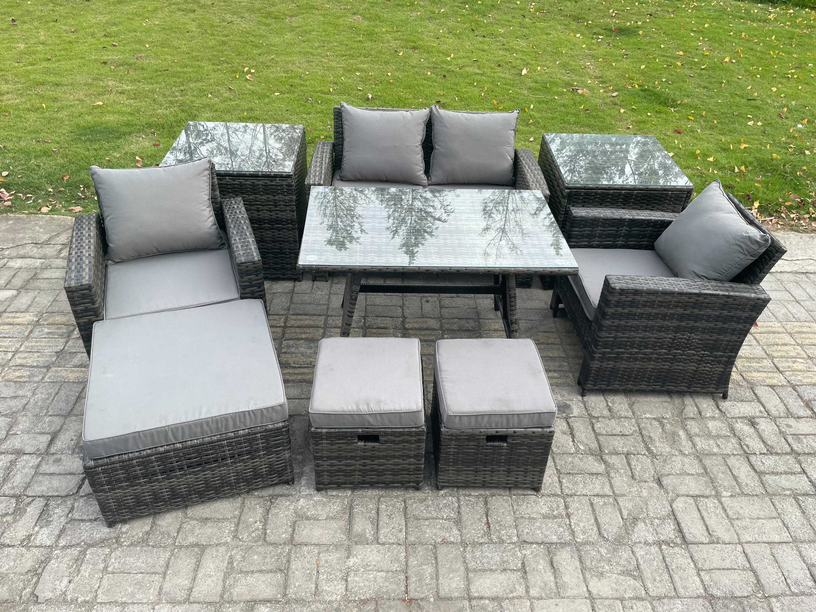 GARTENMÖBELSET mit ESSTISCH,HOCHLEHNER-SOFA Polyrattan Dunkelgrauer Mix 7-Sitzer - Dunkelgrau/Grau, Glas/Kunststoff - Fimous