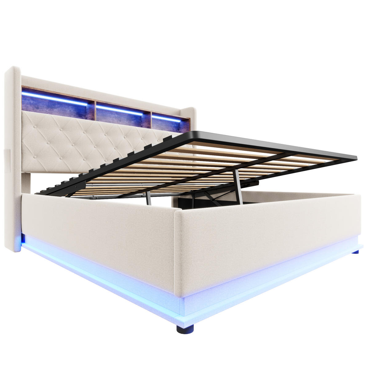 POLSTERBETT 180/200 mit Stauraum, LED, USB-Ladeanschluss und hydraulischem Stauraum in Beige - Beige, Holzwerkstoff/Textil (180/200cm) - EVRYAE