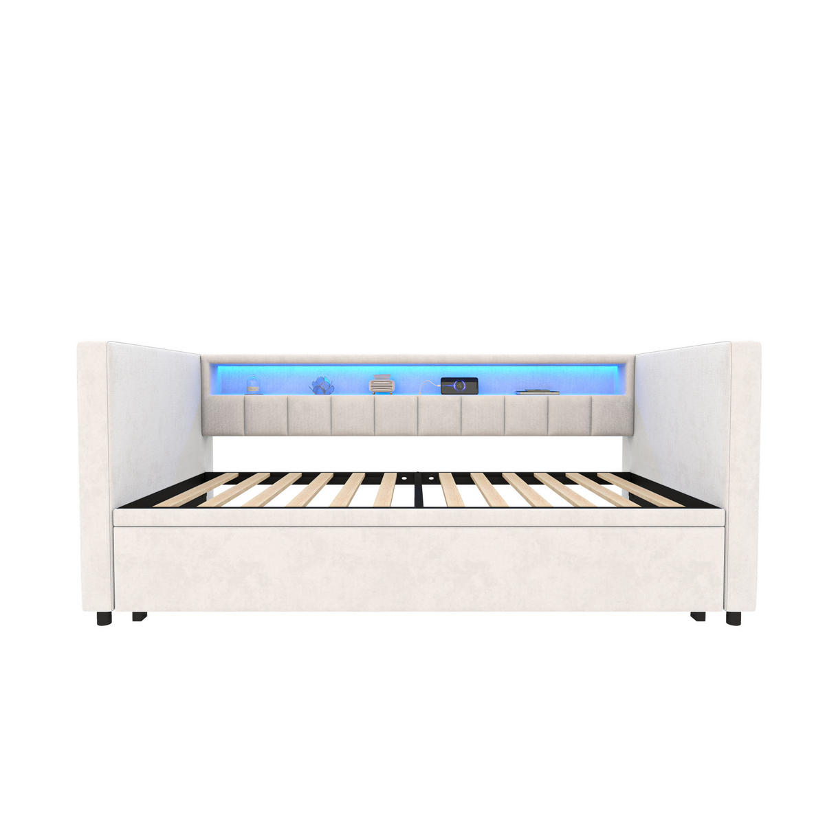 BETT 90/190 cm mit ausziehbarem Bett & USB-Type-C-Anschluss und LED-Beleuchtung Samt Beige - Beige, Textil (90/190cm) - OKWISH