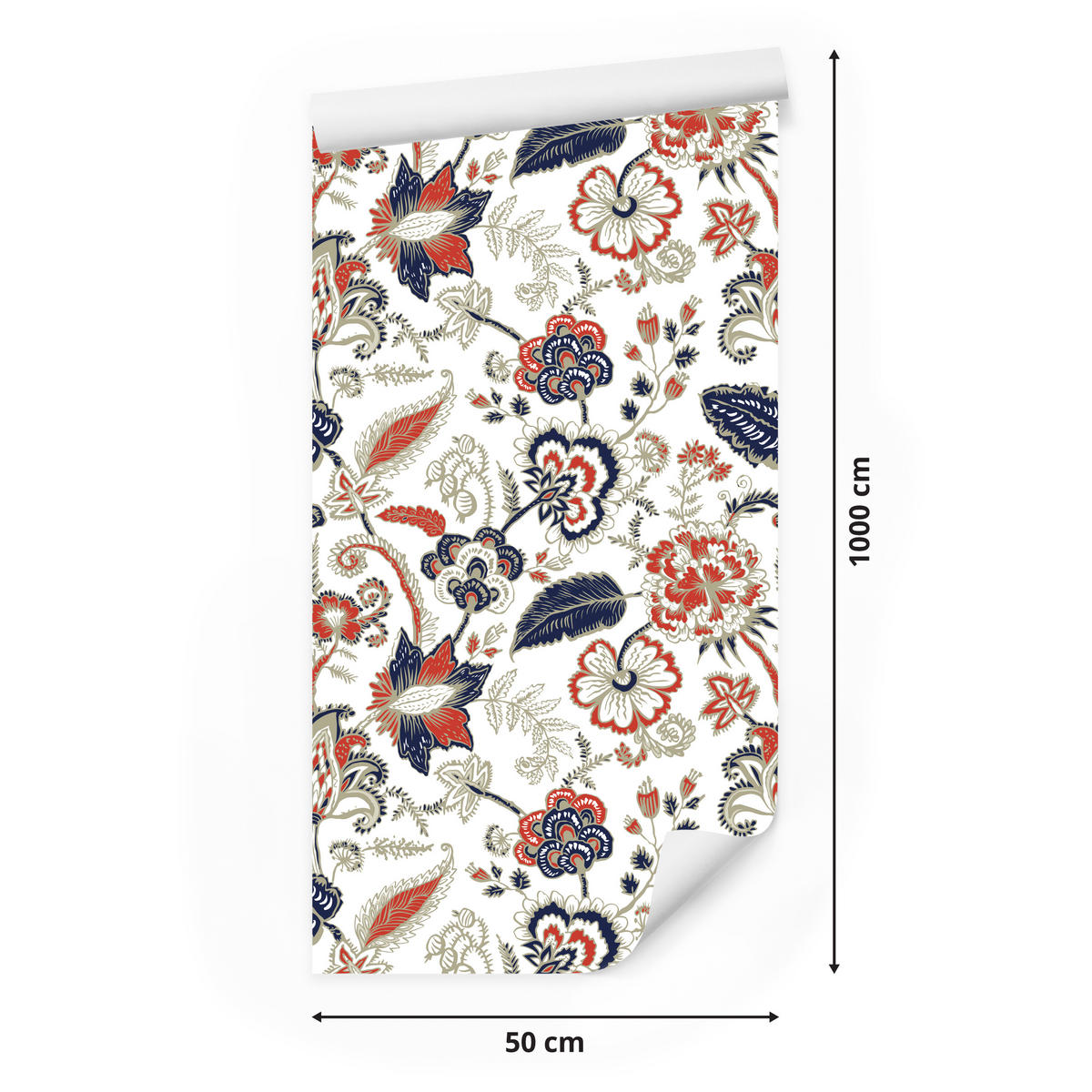 VLIESTAPETE Florales Folkloremuster – Rot, Blau, Grün, Weiß – 50x1000 cm - Blau/Rot, Papier (50/1000cm) - Muralo