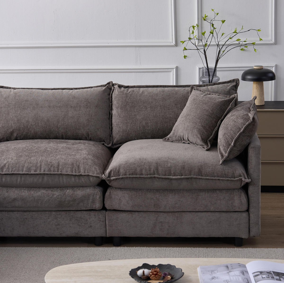 ECKSOFA 266/160/83 cm aus Chenille mit modularem Hocker Grau - Grau, Textil (154/267cm) - Modenvie