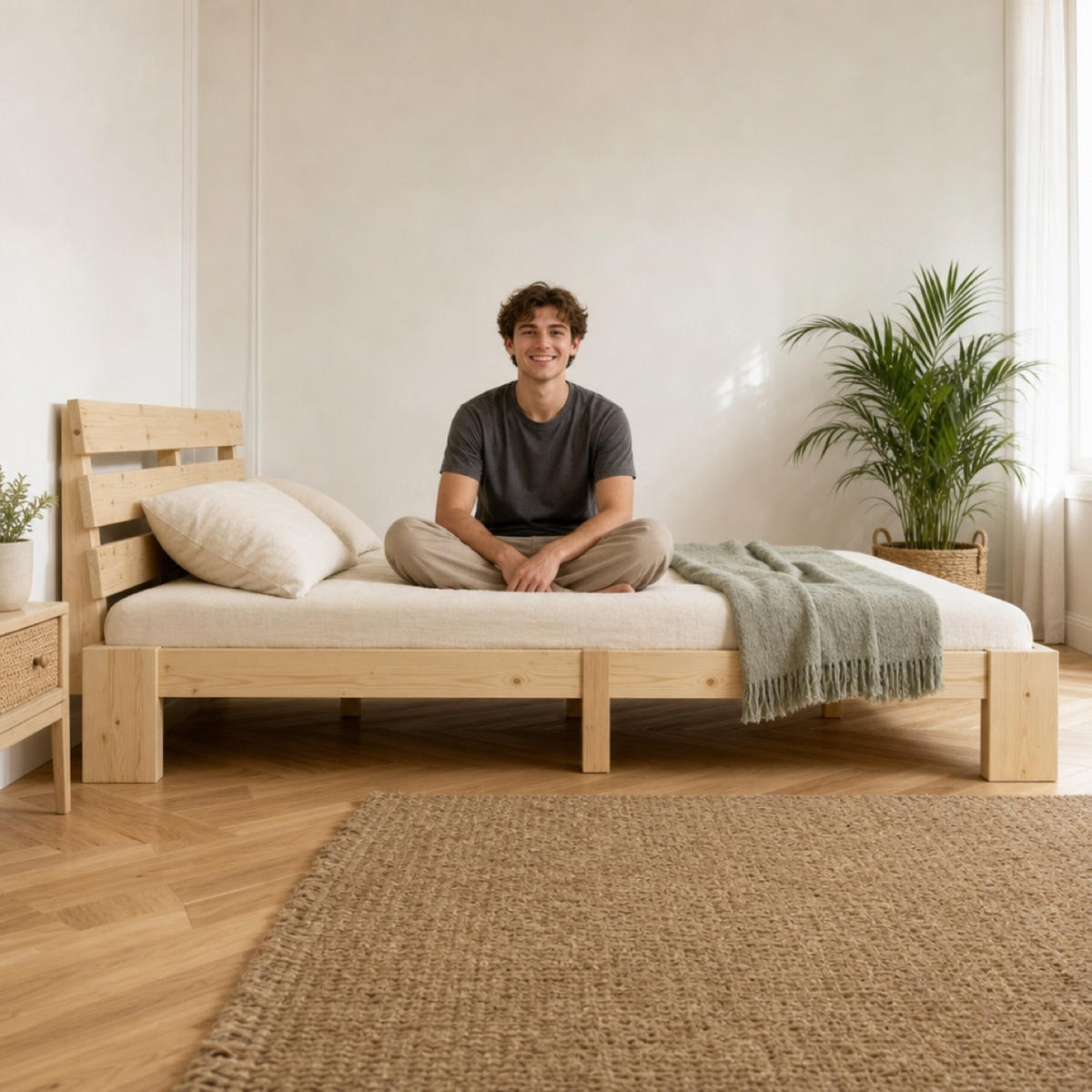 POSTEĽ Prírodná masívne drevo s roštom 120x200 cm - svetlohnedá, drevo - Relaxdays