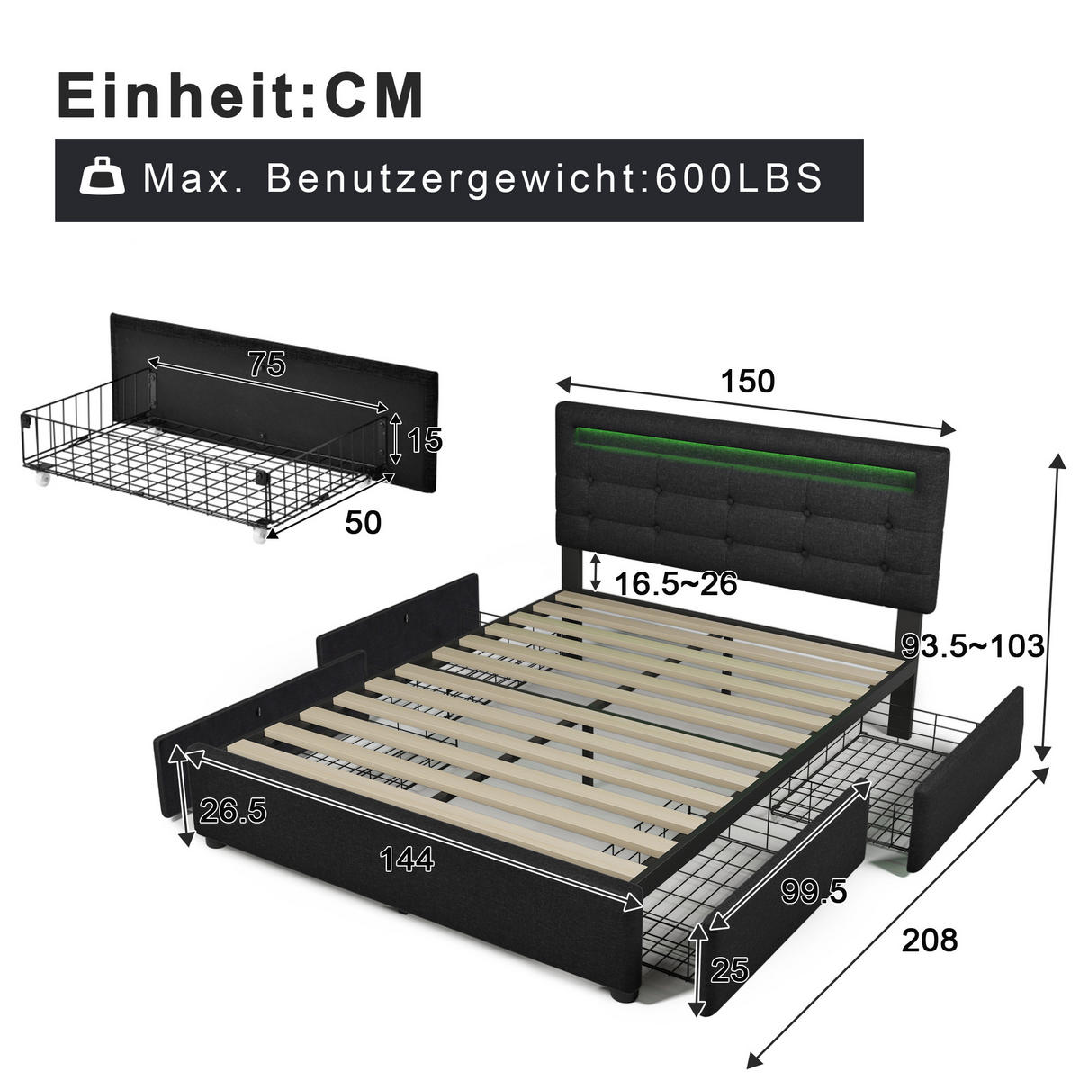 POLSTERBETT aus Leinen 140x200 cm in Schwarz mit LED-Beleuchtung & 4 Schubladen - Schwarz, Textil (140/200cm) - Modfu