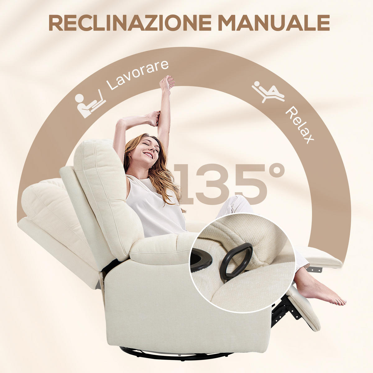 RELAXSESSEL,135° verstellbar Getränkehalter Fußstütze Leinenoptik,beige - Beige, Textil (88/108/96cm) - Vallsero