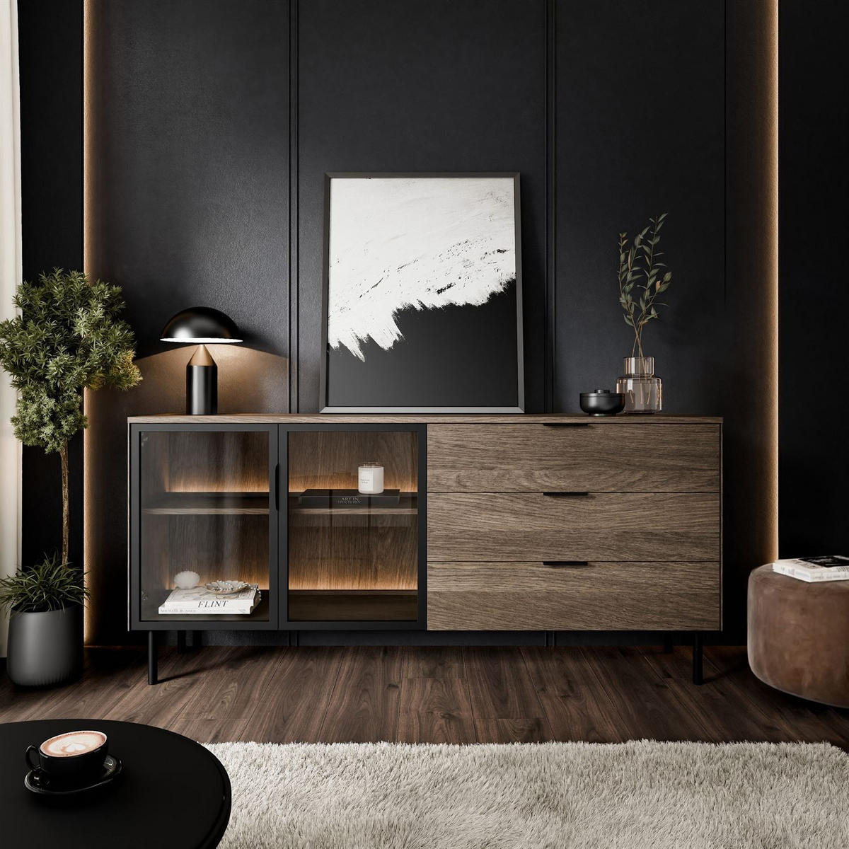 SIDEBOARD LINEA LOFT mit LED-Beleuchtung Eiche + Schwarz - Eichefarben, Holzwerkstoff (181/83/39cm) - Lookway