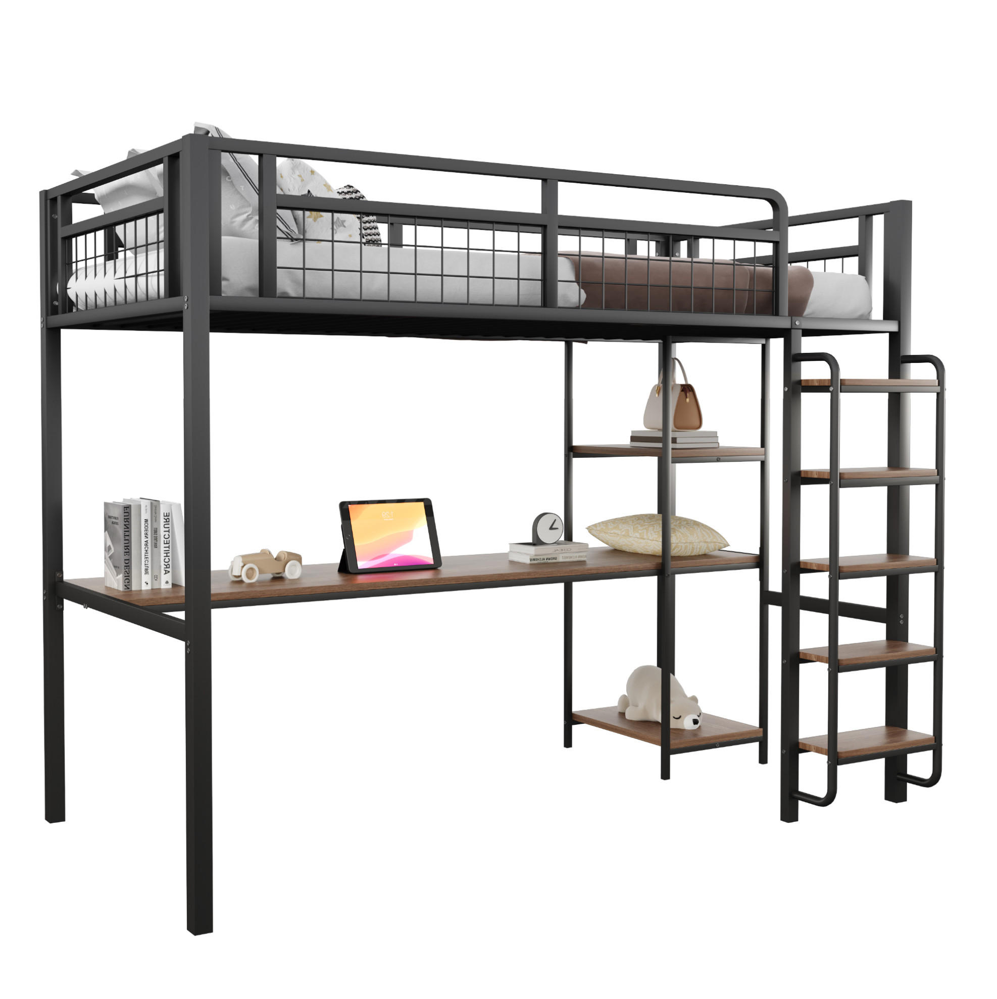 HOCHBETT 90/200 cm mit Schreibtisch, Regalen, Sicherheitsleiter und Metallgitter, Schwarz - Schwarz, Metall (90/200cm) - Redom