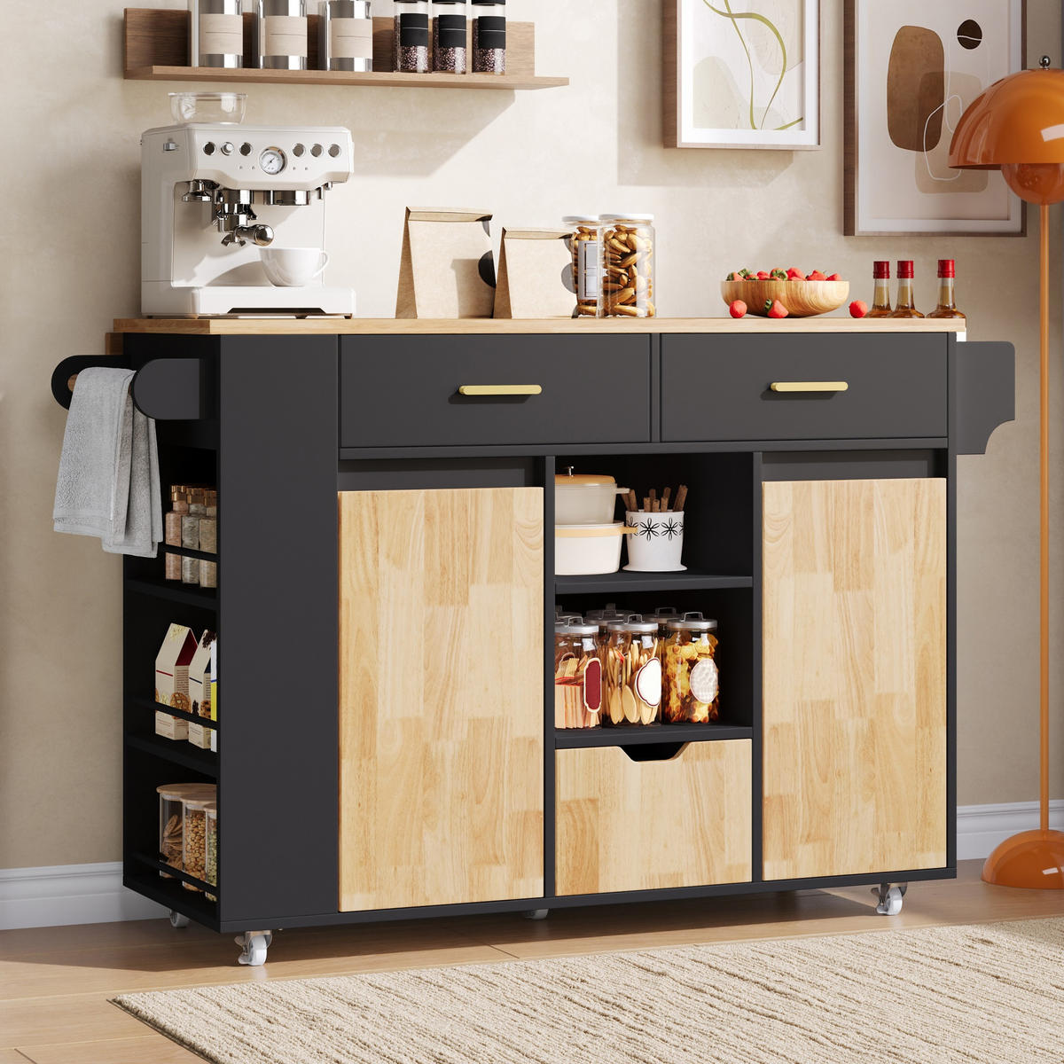 KÜCHENINSEL DE-41417 120/45-71/90 cm, klappbare Arbeitsplatte, Gewürzregal Schwarz - Schwarz, Holzwerkstoff (120/90/71cm) - ComfortXL