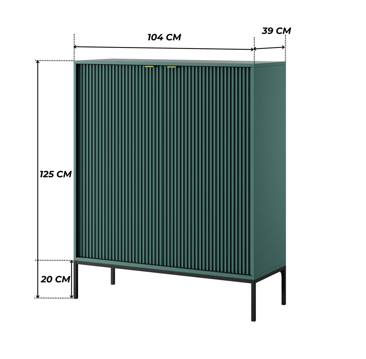 GRÜNE Moderne Geriffelte Hochkommode KIOTO KW2D (Schwarzes Gestell, Soft-Close Türen) - Goldfarben/Schwarz, Holz/Holzwerkstoff (104/125/39cm) - Ravio