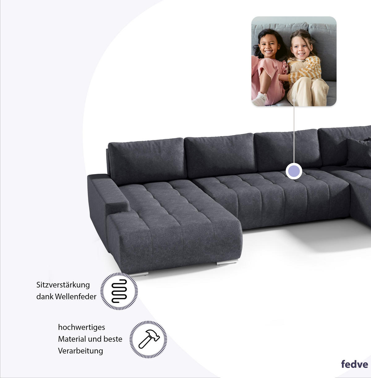 WOHNLANDSCHAFT mit Schlaffunktion Dhaka U, Dunkelgrau - Graphitfarben, Textil (185/85/350cm) - Fedve