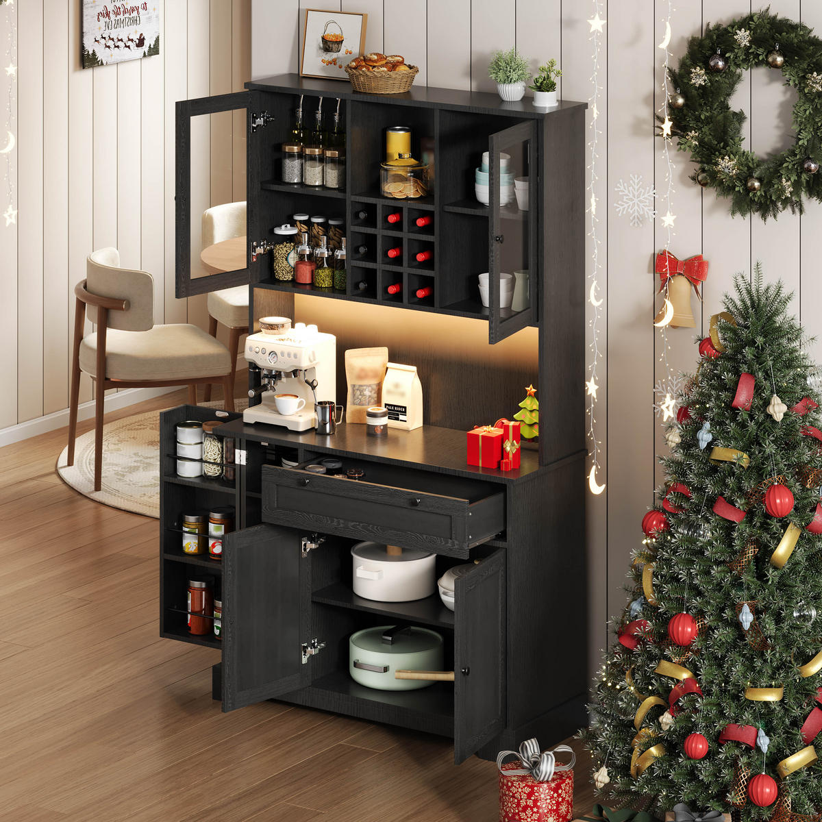 BUFFET 105/40/180 cm Schwarz mit farbwechselnder LED-Beleuchtung und 1 Schublade - Schwarz, Holz (105/180/40cm) - Oxeza