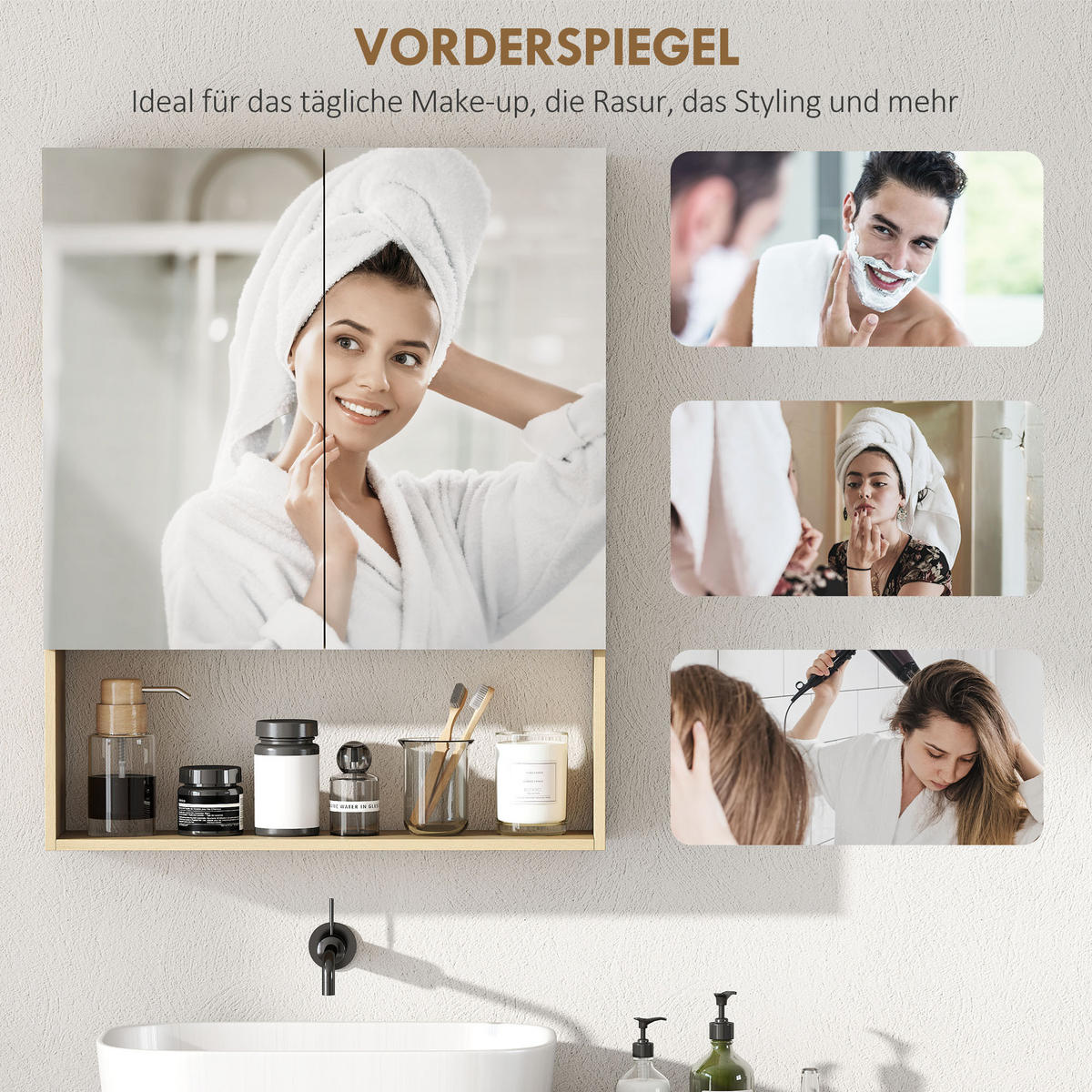 SPIEGELSCHRANK Bad, Badezimmerschrank mit Spiegel Soft-Close, Badschrank Eiche - Eichefarben, Glas/Holzwerkstoff (16.6/75/60cm) - HOMCOM