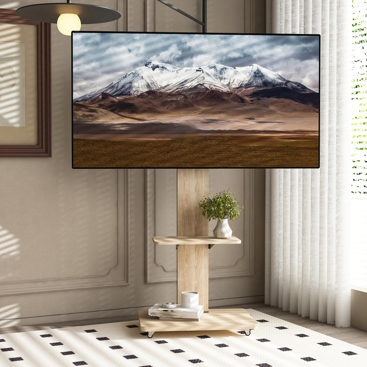 TV-ELEMENT 60/40/114-174 cm Naturholz mit Ablagefach und feststellbaren Rollen - Naturfarben, Holz (60/174/40cm) - Oxeza