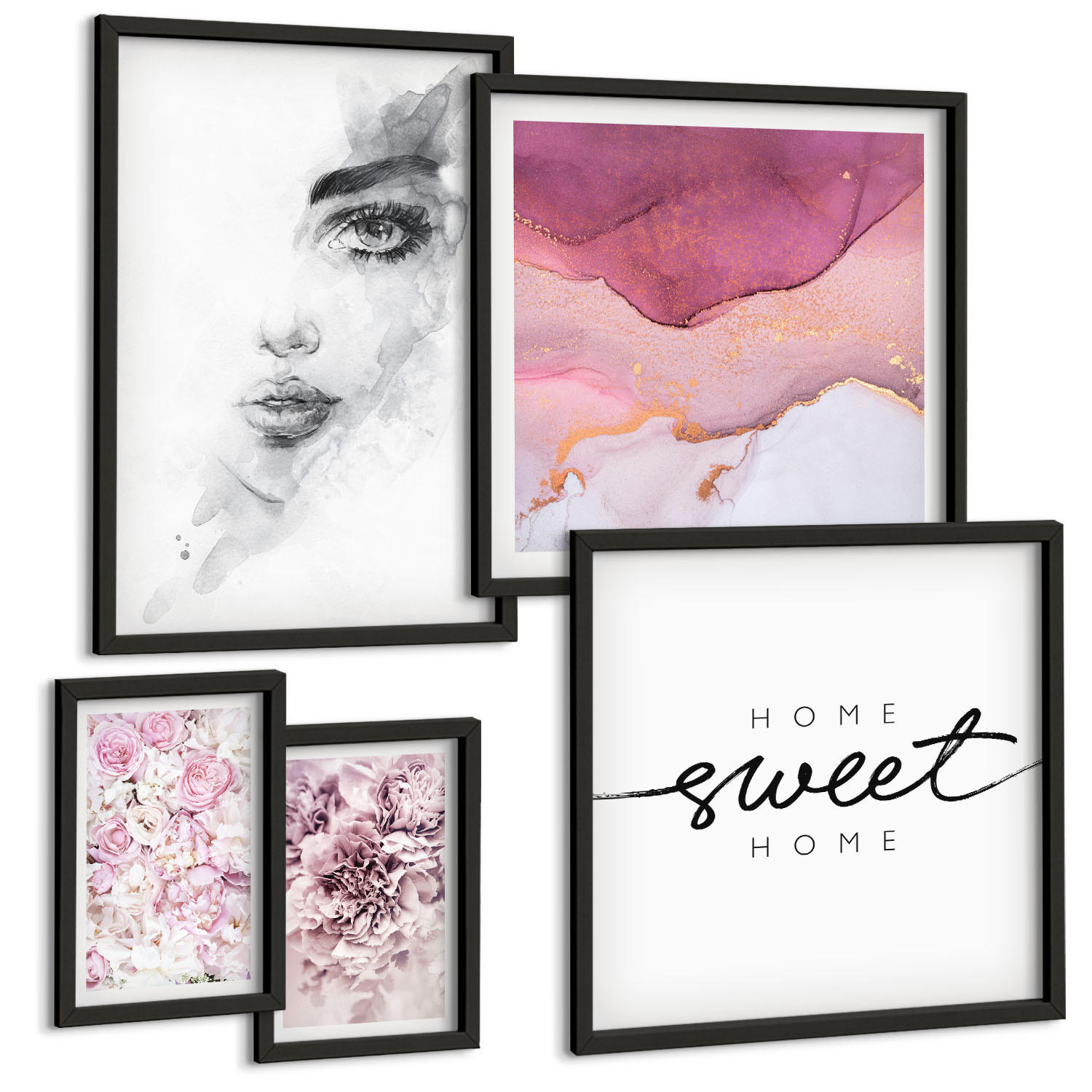 BILDER SET 5er Set - 50x50 cm & 20x30 cm & 40x60 cm Schwarzer Rahmen - Zarte Boho-Blätterschrift - Schwarz, Kunststoff (40/60cm) - TULUP