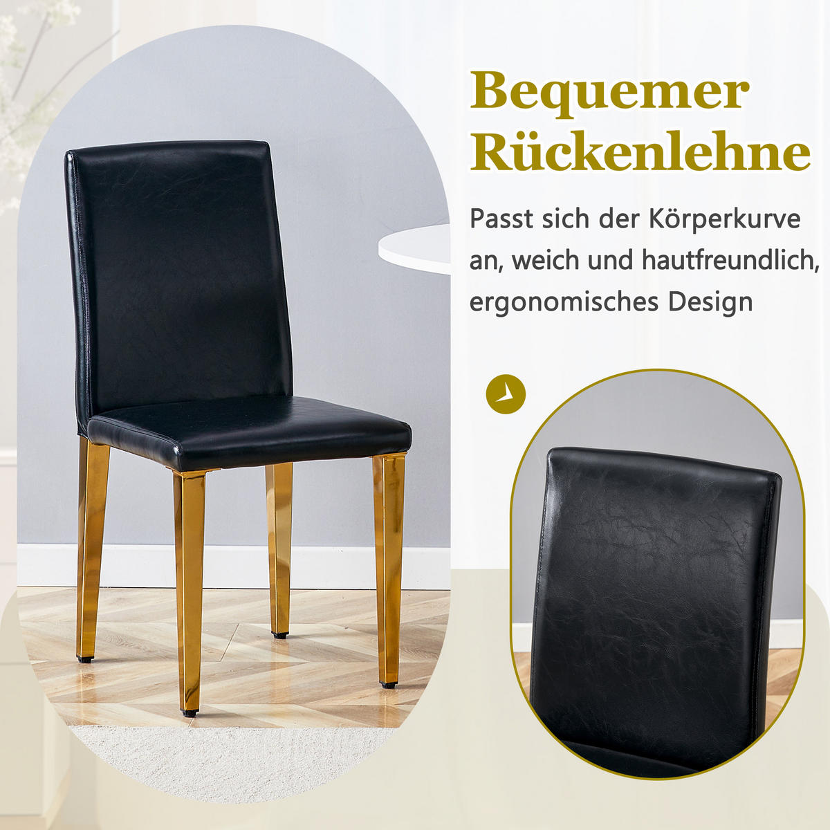 STUHL-SET DE-36598 2 Stück mit PU-Bezug und Metallbeinen Schwarz - Goldfarben, Metall (47/90/41cm) - ComfortXL