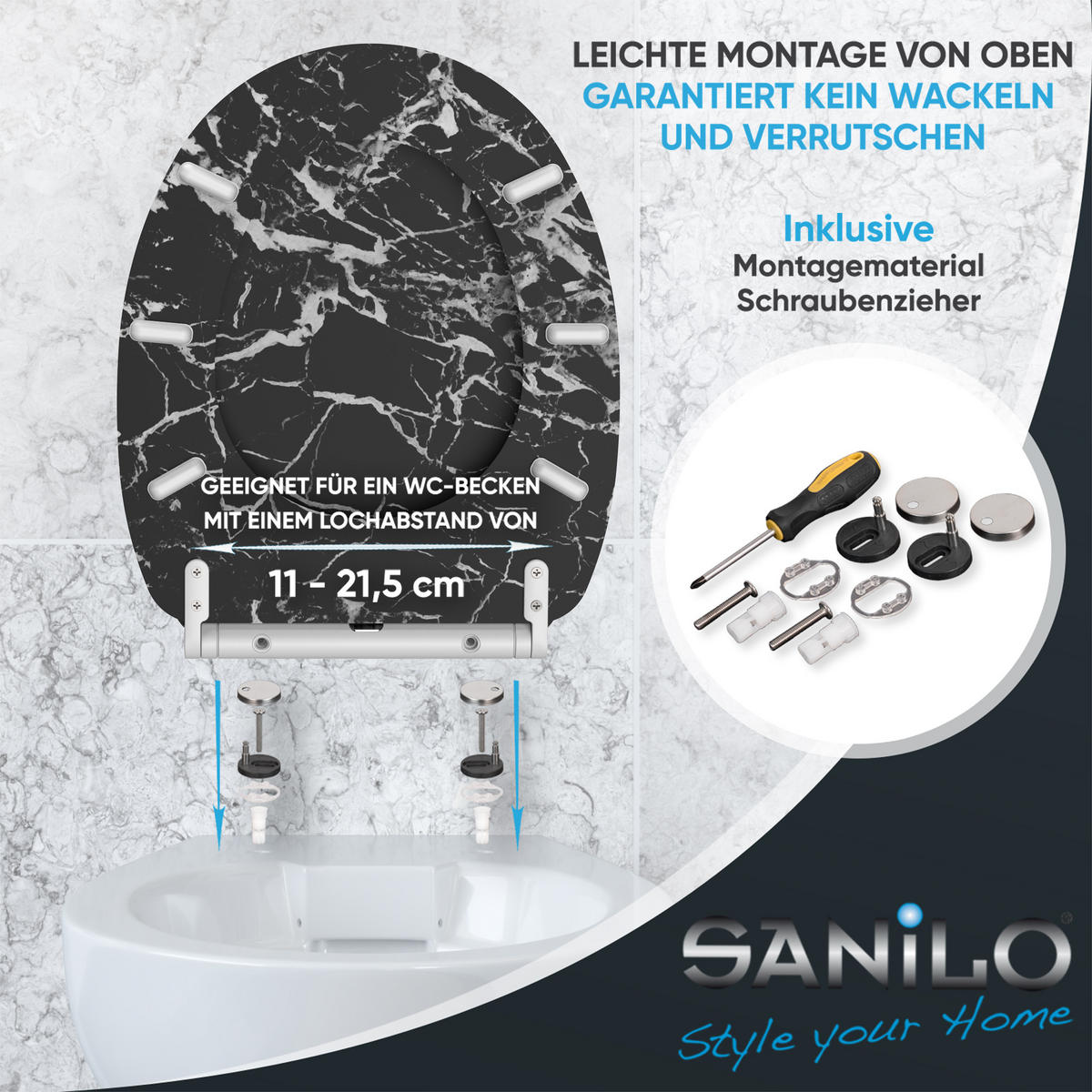 WC-SITZ mit Absenkautomatik & Top Fix Marmor Schwarz - Schwarz, Holzwerkstoff (37.7/5.5/48cm) - Sanilo