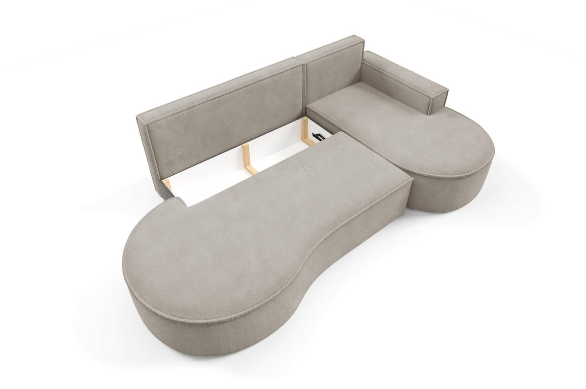 ECKSOFA MOLLY mit Schlaffunktion – Halbrund, freistehend, Liegefläche 140x207 cm, 3 Kissen, Curio-Stoff, 277x157x88 cm, Rechts, Esche - Silberfarben, Holz/Textil (277/157cm) - DomoHome