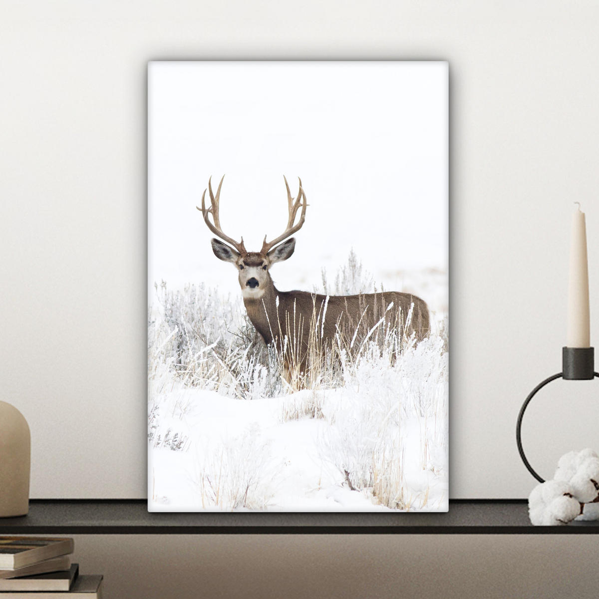 LEINWANDBILD Hirsche - Winter - Schnee - Tiere - Jahreszeiten - Weiß Deko Wohnzimmer 20x30 cm - Hellbraun, Textil (20/30cm) - MuchoWow