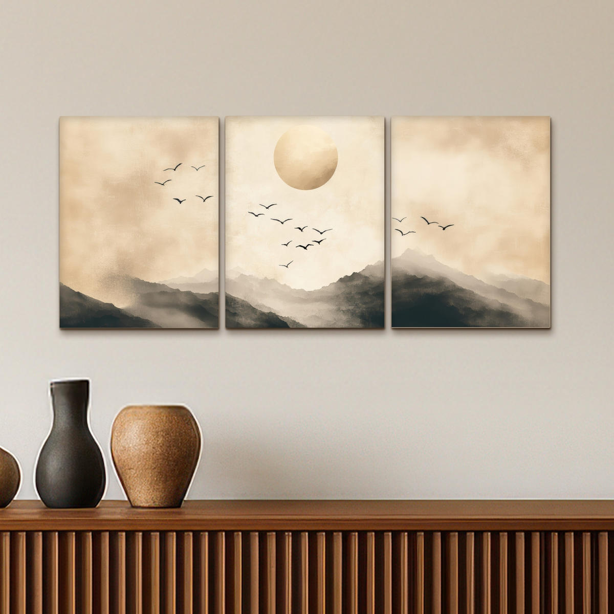 LEINWANDBILD 3er Set Landschaft - Japandi - Beige - Vögel 90x40 cm - Beige, Textil (90/40cm) - MuchoWow